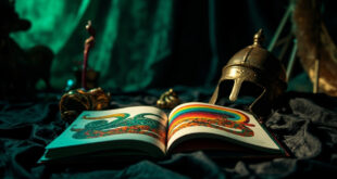 Open children's book showing rainbow stripes beside coiled snake scales and ancient Greek helmet on dark surface