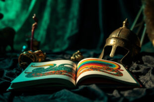 Open children's book showing rainbow stripes beside coiled snake scales and ancient Greek helmet on dark surface