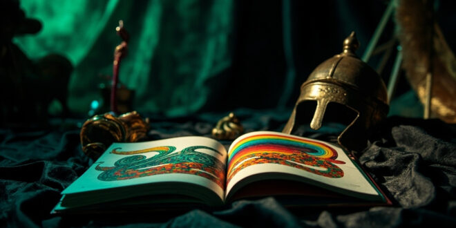 Open children's book showing rainbow stripes beside coiled snake scales and ancient Greek helmet on dark surface