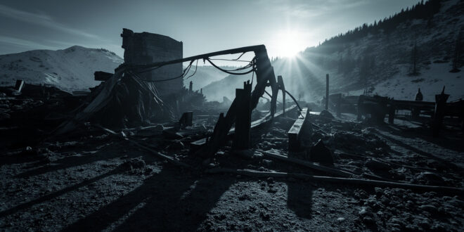 Burned structural framework of multi-story building stands against winter mountain backdrop with dark sky