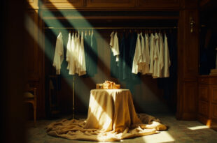 Formal garments on hangers beside a wooden podium, arranged in a sunlit room with navy and ivory tones.