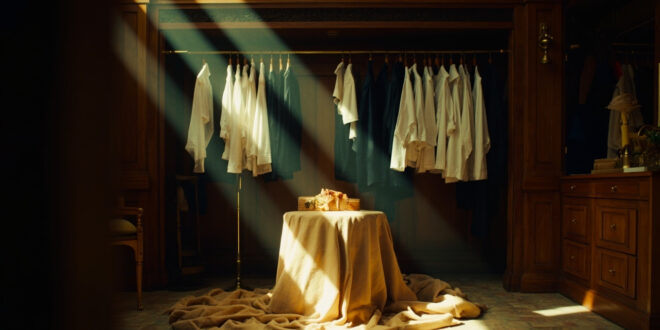 Formal navy dress and casual clothing displayed side by side in an elegant room with mirrors and soft lighting