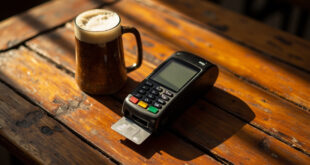 Contactless payment terminal next to beer mug on wooden pub table, blending traditional and modern commerce