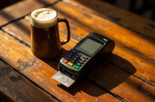 Contactless payment terminal next to beer mug on wooden pub table, blending traditional and modern commerce