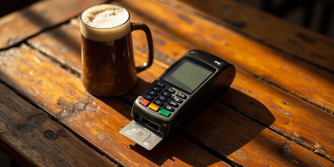 Contactless payment terminal next to beer mug on wooden pub table, blending traditional and modern commerce