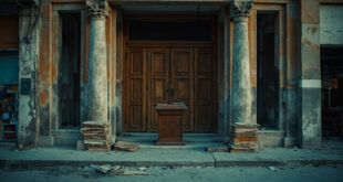 Closed ministry doors with stacks of documents and empty podium in damaged urban setting