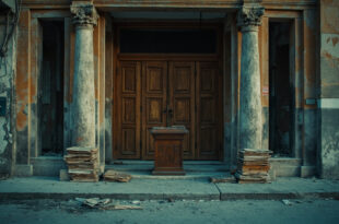 Closed ministry doors with stacks of documents and empty podium in damaged urban setting