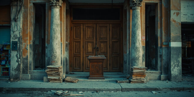 Closed ministry doors with stacks of documents and empty podium in damaged urban setting