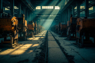 Empty factory assembly line with idle machinery in dim industrial lighting