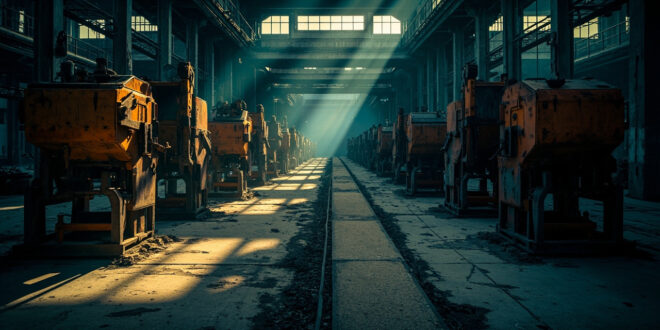 Empty factory assembly line with idle machinery in dim industrial lighting