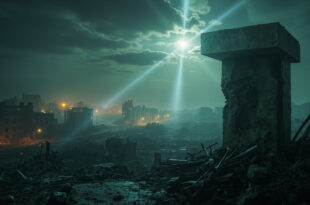 Broken concrete pillar stands among rubble and debris in destroyed urban landscape with gray overcast sky