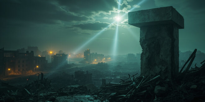 Broken concrete pillar stands among rubble and debris in destroyed urban landscape with gray overcast sky
