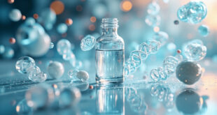 Glass medical vial with glowing blue liquid on reflective surface surrounded by abstract molecular forms