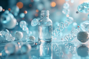 Glass medical vial with glowing blue liquid on reflective surface surrounded by abstract molecular forms