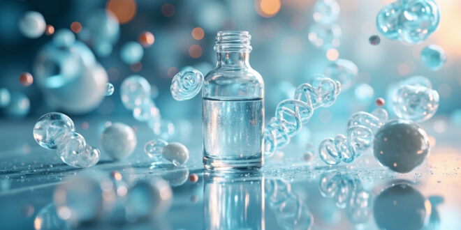 Glass medical vial with glowing blue liquid on reflective surface surrounded by abstract molecular forms