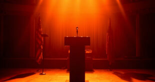 Empty speaker podium on auditorium stage with microphone and warm stage lighting casting long shadows