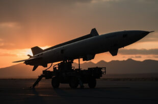 Tomahawk cruise missile mounted on ground launcher against twilight sky with distant horizon