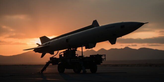 Tomahawk cruise missile mounted on ground launcher against twilight sky with distant horizon