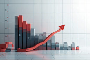 Bar chart displaying declining asylum application numbers with downward arrow and percentage indicators
