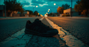 Single black shoe on empty intersection pavement at dusk with turquoise alert light glow in background