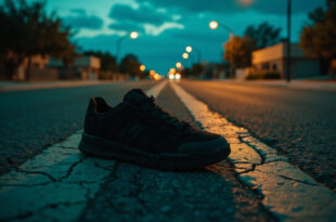 Single black shoe on empty intersection pavement at dusk with turquoise alert light glow in background
