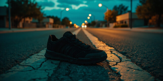 Single black shoe on empty intersection pavement at dusk with turquoise alert light glow in background