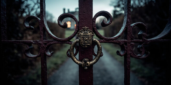 Ornate iron gates with royal crest closed against twilight sky, gravel path leading to distant mansion