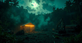 Empty tent glowing in dark rainforest clearing with logging equipment and dense jungle beyond