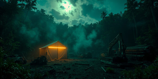 Empty tent glowing in dark rainforest clearing with logging equipment and dense jungle beyond