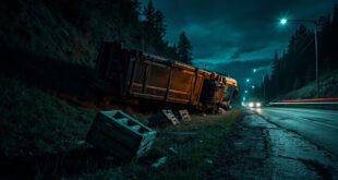 Overturned truck in roadside ditch with broken wooden crates scattered on grass near wooded area