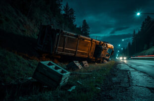Overturned truck in roadside ditch with broken wooden crates scattered on grass near wooded area