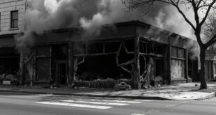 Smoke-damaged storefront with shattered windows and charred walls, emergency hoses on pavement