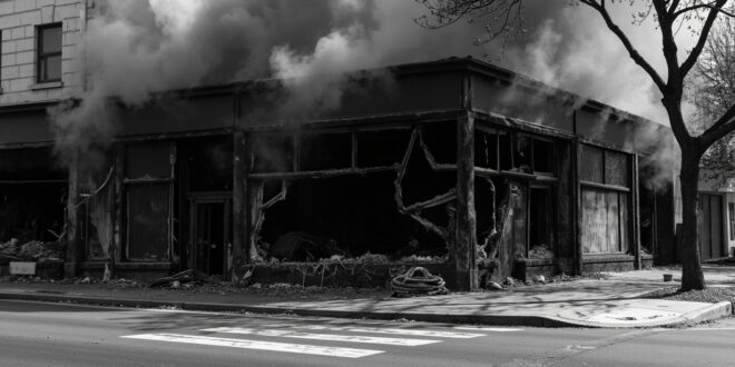 Smoke-damaged storefront with shattered windows and charred walls, emergency hoses on pavement
