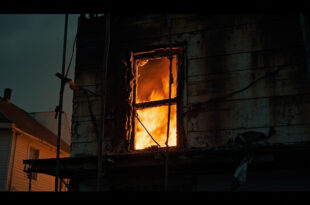 Burned house exterior with damaged upper window frame and exposed interior structure after intense nighttime fire