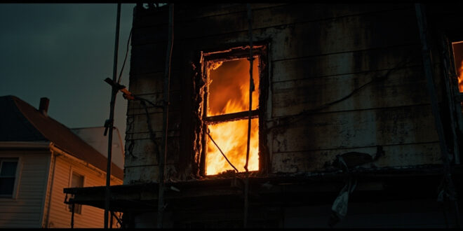 Burned house exterior with damaged upper window frame and exposed interior structure after intense nighttime fire