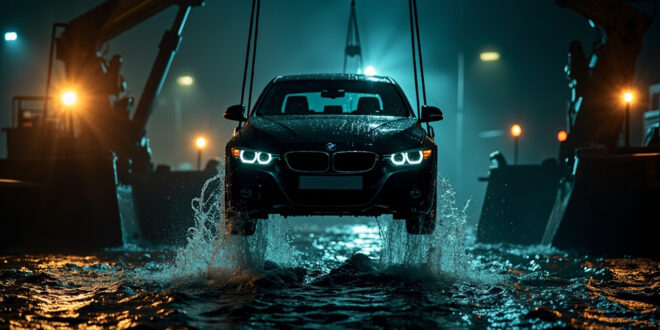 Black sedan dripping water suspended by crane cable above dark canal surface with emergency lights reflecting