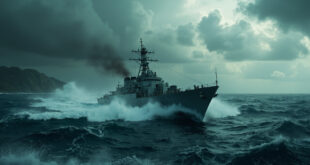 Naval warship sailing through rough Caribbean waters under dark storm clouds