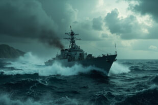Naval warship sailing through rough Caribbean waters under dark storm clouds