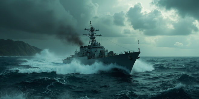 Naval warship sailing through rough Caribbean waters under dark storm clouds