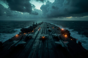 Aircraft carrier flight deck with fighter jets under dramatic stormy sky over dark ocean waters