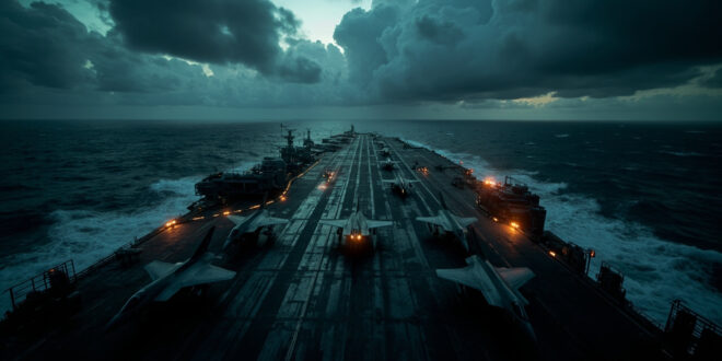 Aircraft carrier flight deck with fighter jets under dramatic stormy sky over dark ocean waters