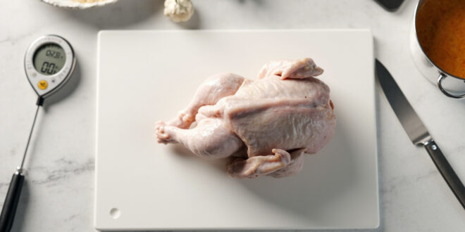 Raw chicken on white cutting board with meat thermometer and kitchen knife on clean counter surface