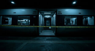 Empty train carriage cordoned with police tape at dimly lit station platform during forensic investigation