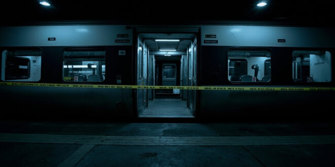 Empty train carriage cordoned with police tape at dimly lit station platform during forensic investigation