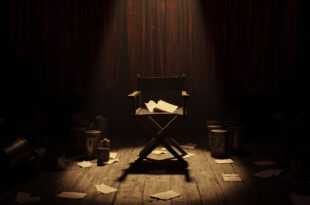 Empty directors chair in dim cinema with film reels and script pages scattered on dark wooden floor