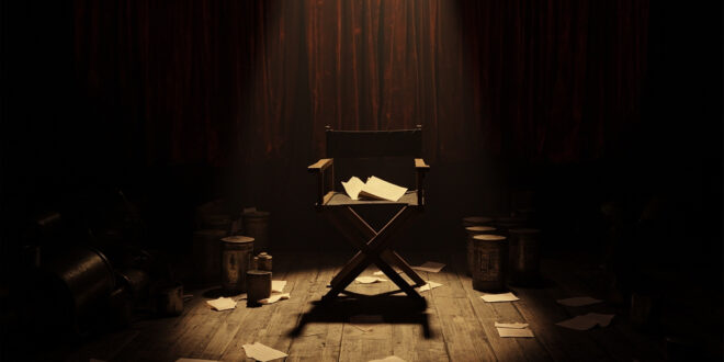 Empty directors chair in dim cinema with film reels and script pages scattered on dark wooden floor