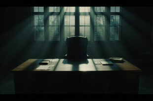 Empty executive chair behind wooden desk in government office with papers and laptop, symbolizing absence and loss