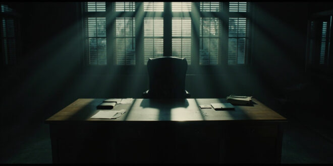 Empty executive chair behind wooden desk in government office with papers and laptop, symbolizing absence and loss